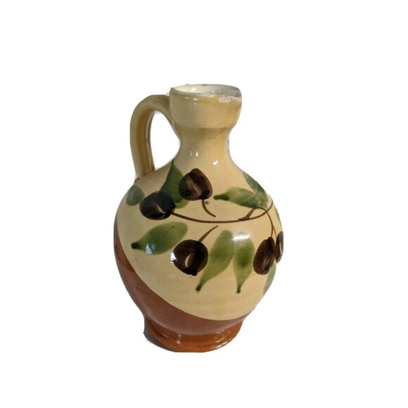 Hand Painted Ceramic Jug With Olive Design Small Vintage 6.55” Rustic Decor - Picture 3 of 6